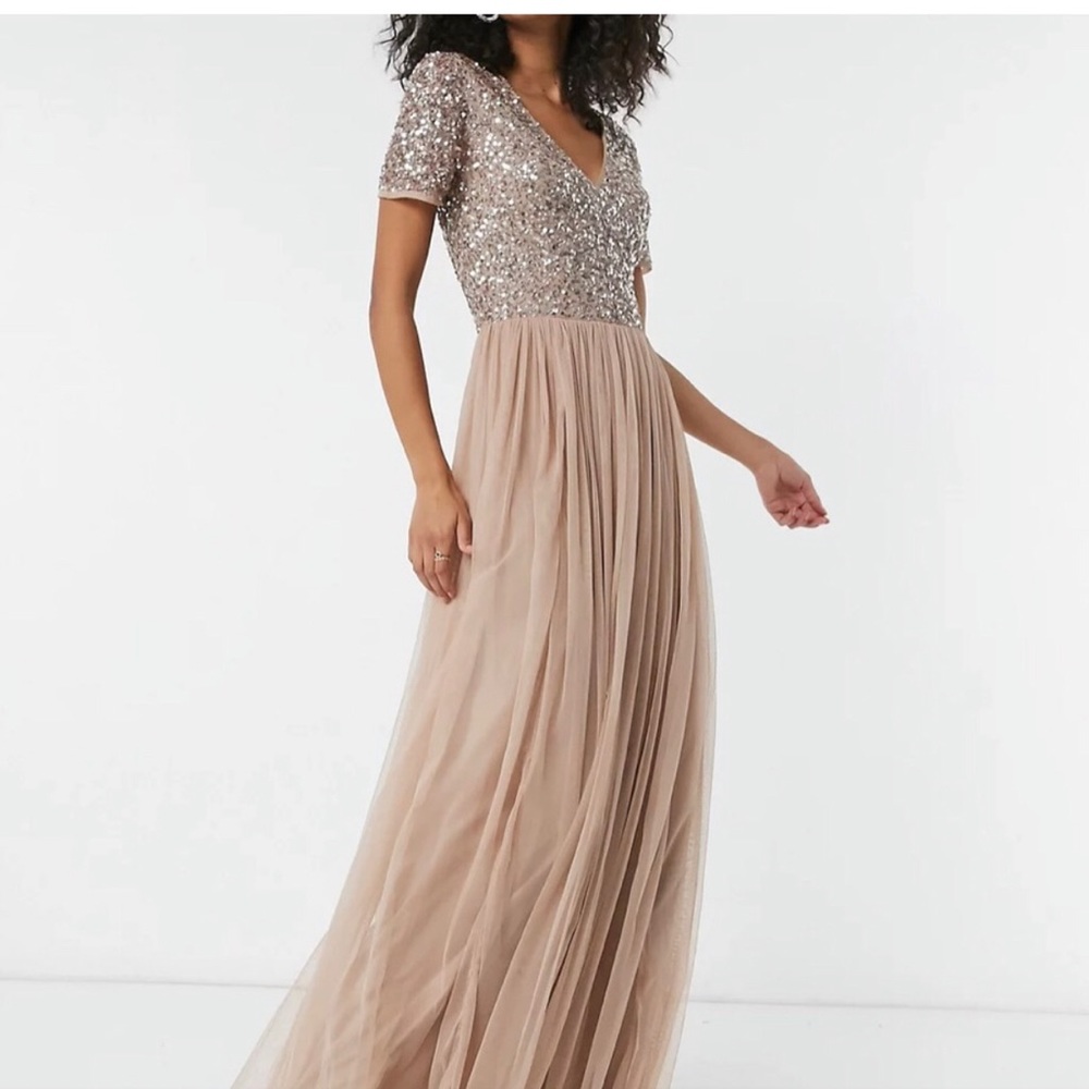 ASOS Blush pink sequence and tulle long formal women’s dress / bridesmaid dress